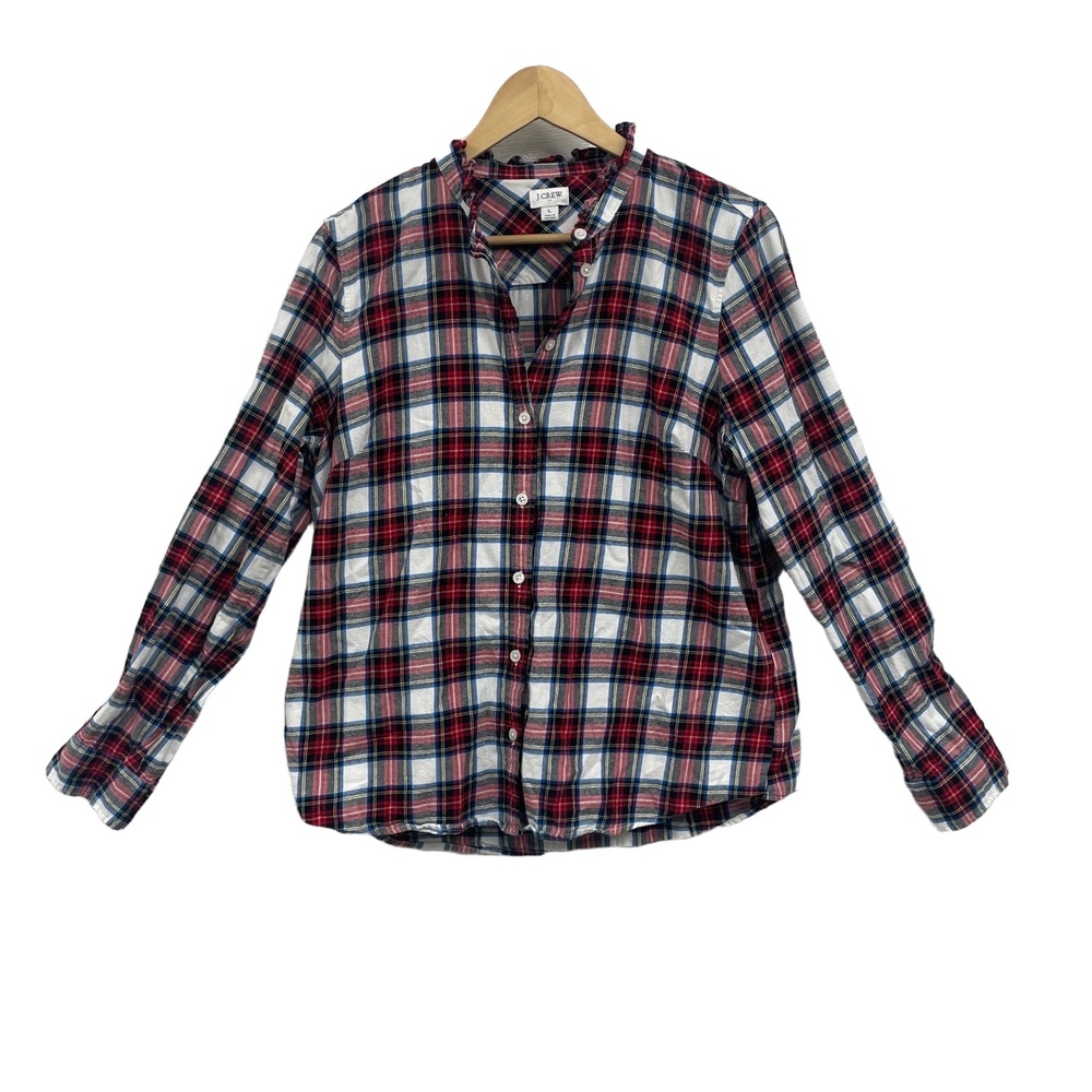 J.Crew Red White Plaid Long Sleeve‎ Ruffle Neck Flannel Shirt Large
